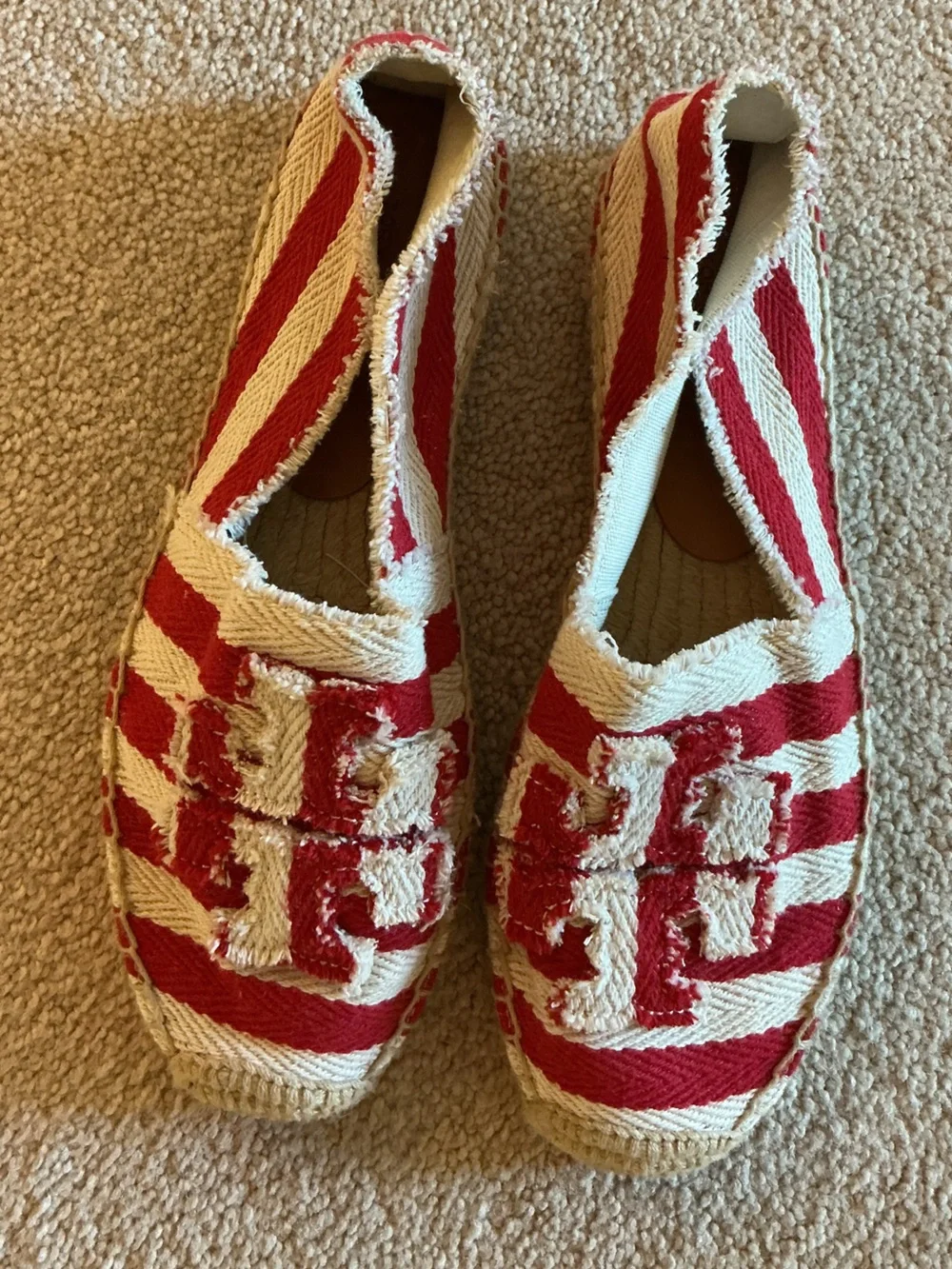 Tory Burch Red and Cream Striped Espadrille Flats